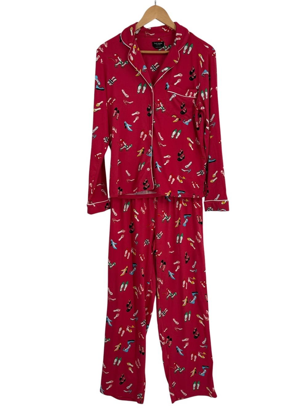 Kate Spade Women's 2 Piece Pajama Set Size Small Pink Shoe Print Button Up
